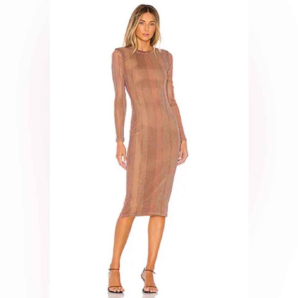 MAJORELLE Striped Long Sleeve Midi Dress in Taupe and Rust